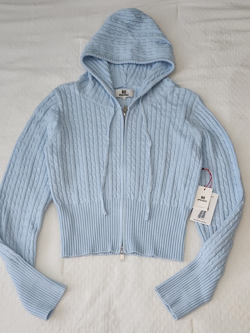 No Apologiez Pastel Baby Blue Cable Knit Zip Up Hoodie Sweater |XL | NWT
